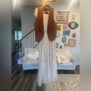 Lace Maxi Dress with Brown Fringe Vest
